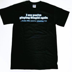 GILDEN T-SHIRT, BLACK WITH WHITE & BLUE WRITING
